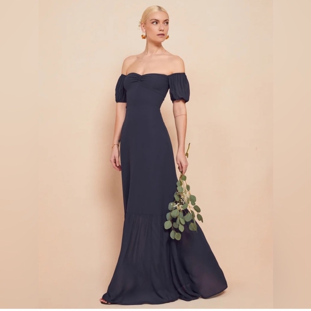 Reformation Navy Off-Shoulder Dress